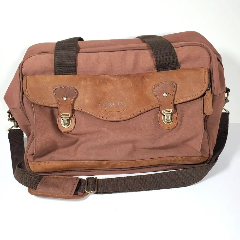 Magellan Duffle Bag Large Leather Brown Rust Red Canvas Trim Shoulder Strap